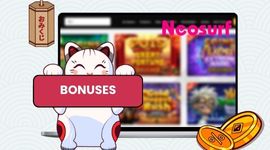 Casino games image in the background with the Maneki cat holding the Bonuses banner.