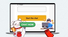 Live chat form image in the background with the Maneki cat holding the Chat Now button.