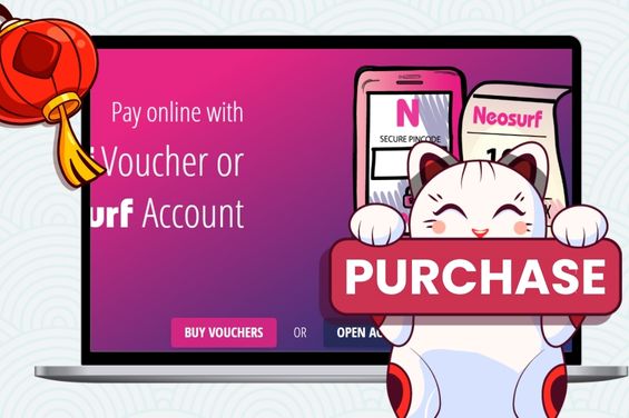 Neosurf image in the background with the Maneki cat holding the purchase banner.