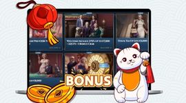 Casino bonuses image in the background with Maneki cat and bonus banner.