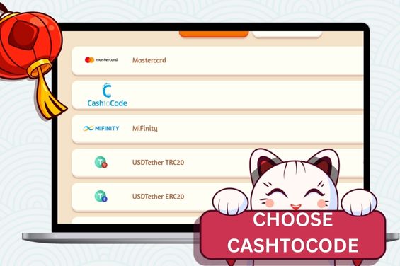 Payment methods with Cashtocode logo and Maneki casino cat.