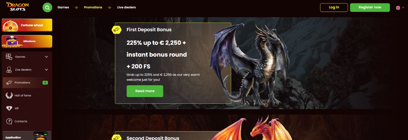 Dragonslots casino banner showing Promotions page with the first deposit bonus on it.