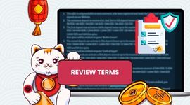 Terms image in the background with Maneki cat and checklist icon.
