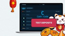 Various payment methods with CashtoCode logo and test deposits banner.