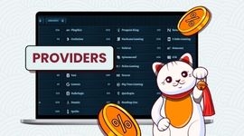 Various game providers list with Maneki cat and shiny yellow coins.
