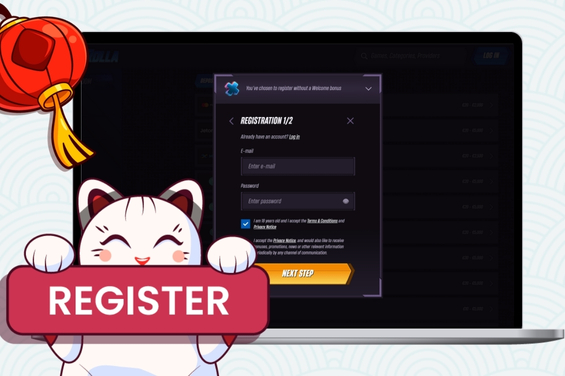 A Winrolla registration screen on a laptop, labeled REGISTER, with fields for email and password.