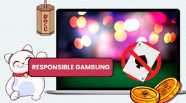Maneki-neko cat holds a RESPONSIBLE GAMBLING banner; no-ace symbol on screen.