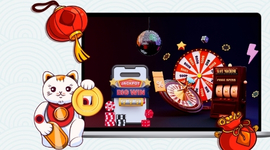 Laptop screen shows a collage of casino games: slots, roulette, money wheel, and chips.
