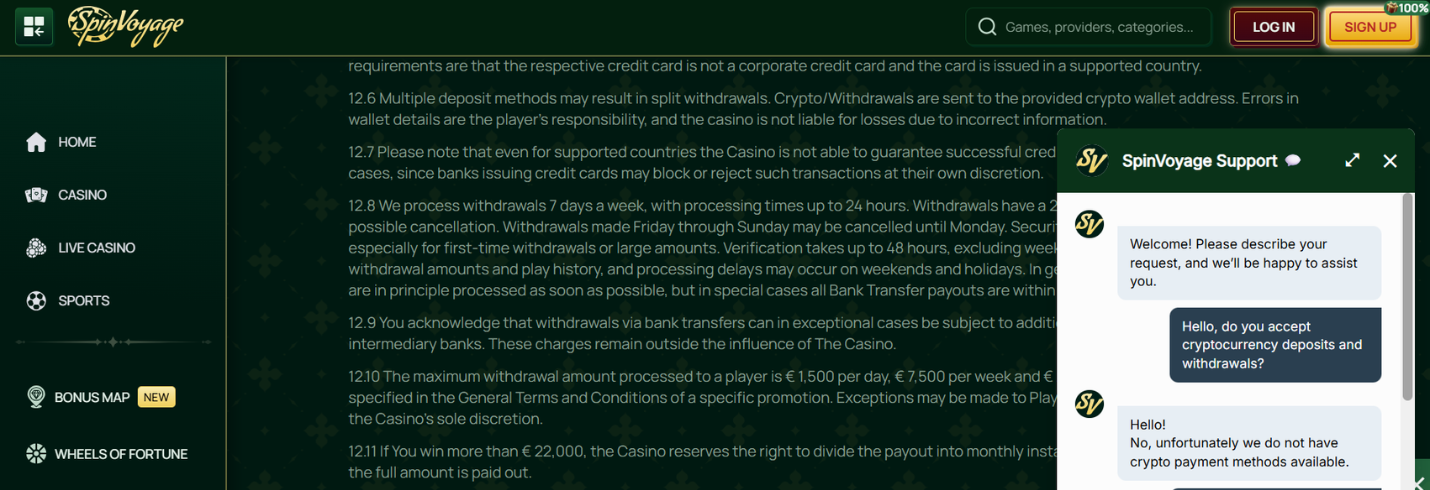 Support chat window stating that cryptocurrency payment methods are currently unavailable.