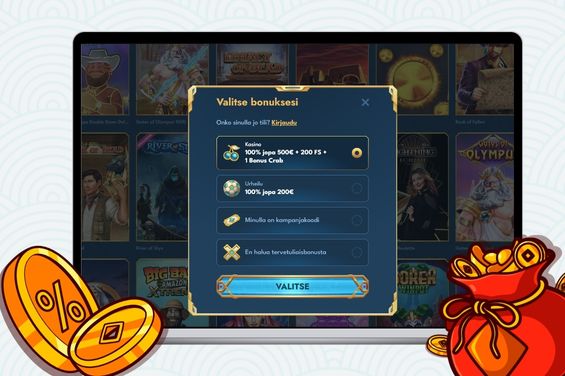 Kannettava tietokone, jossa näkyy Oceanspin-kasinon rekisteröintisivu kolikoilla.