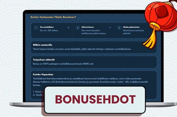 Kannettava tietokone, jossa näkyvät Oceanspin-kasinon bonusehdot ja kyltti BONUSEHDOT.