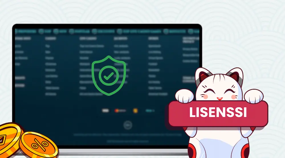 Kissa pitää LISENSSI -kylttiä kannettavan tietokoneen näytön edessä, jossa näkyy kasinon rekisteröitymissivu ja vihreä merkki