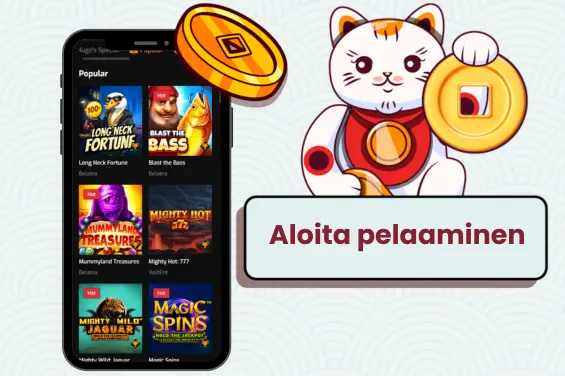 Sarjakuvakissa pitelee kultakolikkoa kasinopelisivun edessä,tekstinä aloita pelaaminen ja taustalla kolikoita