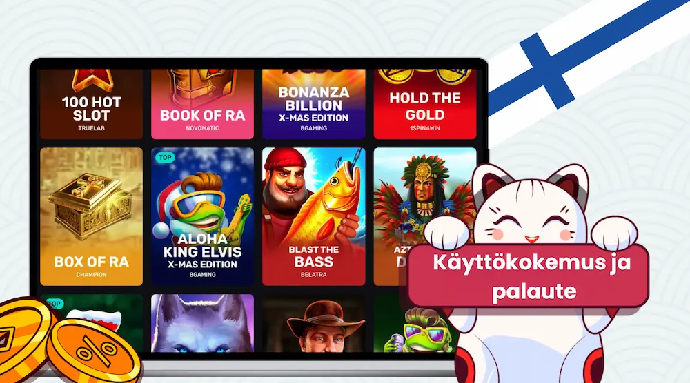 Sarjakuvakissa pitelee kylttiä kasinopelisivun edessä, Suomen lippu ja kolikoita