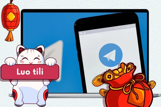 Kissa pitelee CREATE ACCOUNT -kylttiä kannettavan tietokoneen näytön edessä; näytöllä näkyy Telegram-sivu