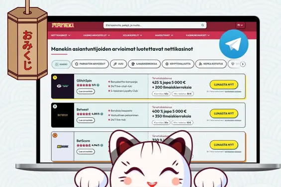 Maneki-kissa kannettavan tietokoneen näytön edessä, jossa näkyy tarjolla olevia kasinovaihtoehtoja