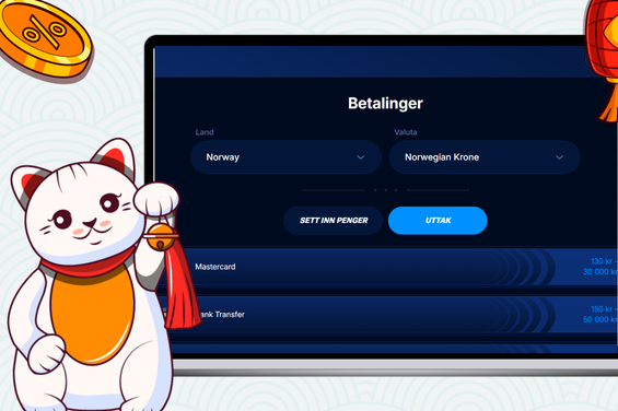 En katt holder en bjelle foran en data med betalingsløsninger hos et casino med lampe og mynt.