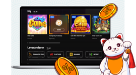 En data med casinospill, en katt som vinker i høyre hjørne og flytende mynter.