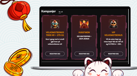Hugo Casino sine kampanjer er åpne på skjermen og en katt holder et skilt med «Bonus» skrevet.