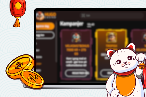En data med Hugo Casino sine kampanjer, en katt i høyre hjørne, en lampe og to gullmynter
