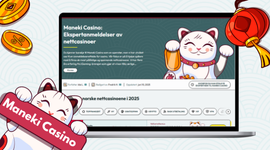 En data med hjemmesiden til Maneki Casino, en katt som holder logoen, to mynter og en rød lampe.