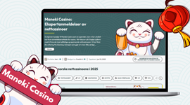 En PC med Maneki hjemmesiden på skjermen, en katt som holder Maneki logoen og en kinesisk lampe.