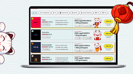 Maneki Casino sin casinoliste, en kinesisk lampe henger over og en katt stikker ut fra venstre side.