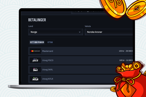 En laptop med betalingsmetoder og gull mynter på høyre side.