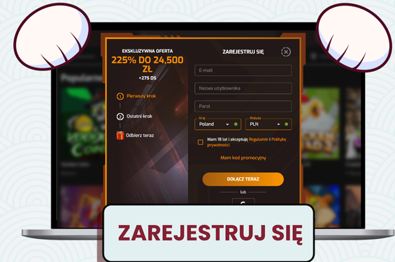 Formularz rejestracyjny Hugo Casino z informacjami o bonusie i przyciskiem rejestracji.