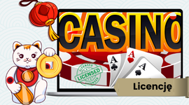 Napis Casino nad dużym żetonem, licencjonowaną ikoną i kotem Maneki.