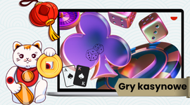 Fioletowy żeton kasynowy, ruletka i kostki do gry z kotem Maneki.