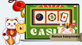 Zielony obraz kasyna z ikoną bonusu i kotem Maneki.