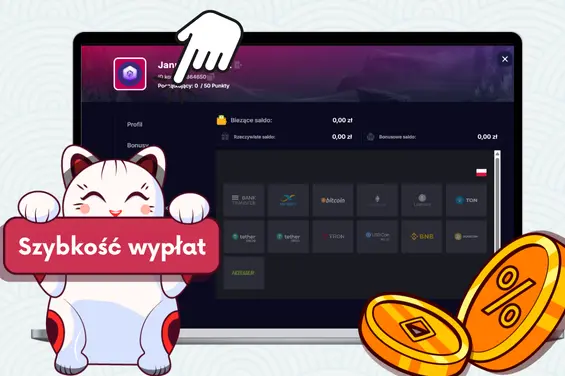 Laptop z widokiem sekcji wypłat z kasyna, dwie złote monety i kot trzymający napis Szybkość wypłat