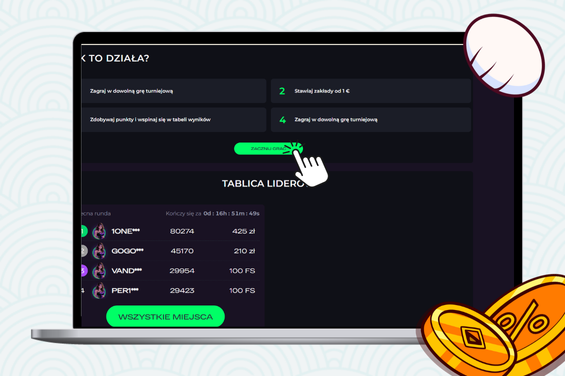 Ekran laptopa ze szczegółami turineju, a na nim kocia łapa i złote monety